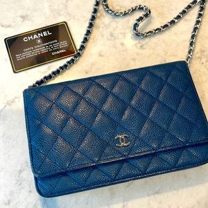 CHANEL blue wallet on chain. Used and slightly damaged chain (easy fix)